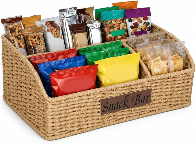 Snack Organizer for Countertop, Trapezoid Snack Organizer Paper Rope Wicker Storage Basket, 3 Com... | Amazon (US)