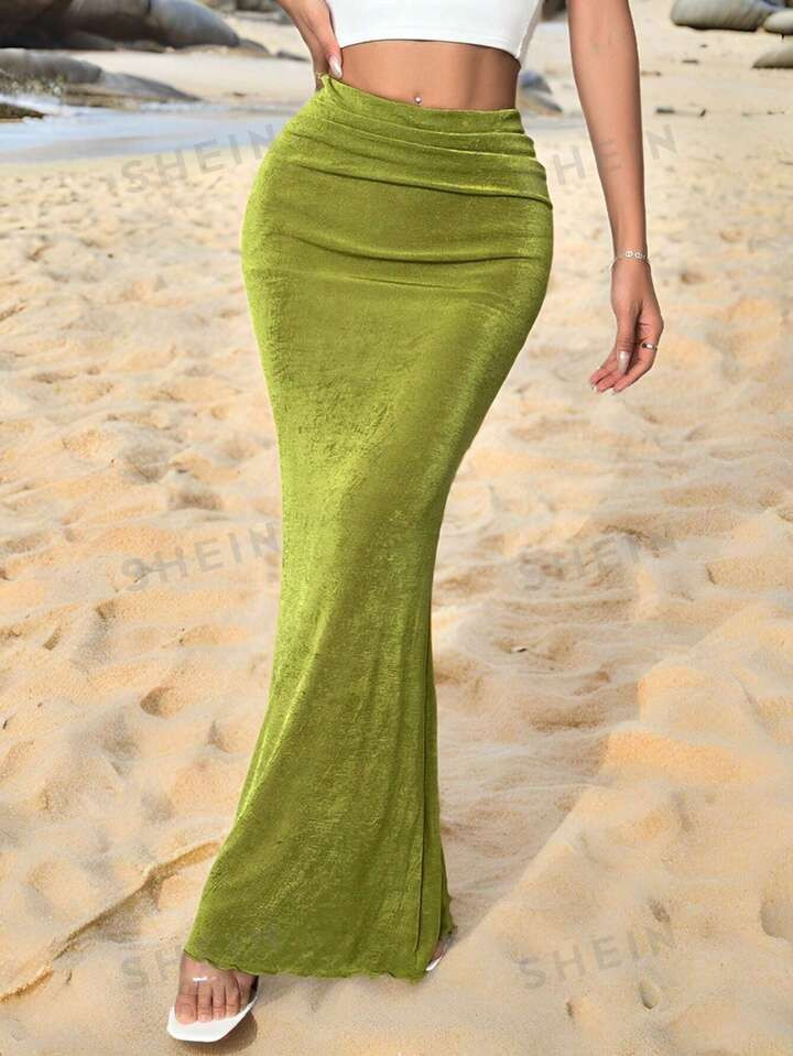 SHEIN Privé Jupe longue maxi vert bas extra pour femme, simple et élégante à taille basse, po... | SHEIN