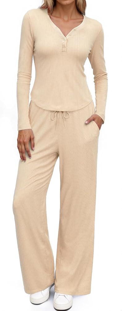 SHESHOW Lounge Sets for Women Button Down Long Sleeve Tops and Wide Leg Pants 2 Piece Sweatsuits ... | Amazon (US)
