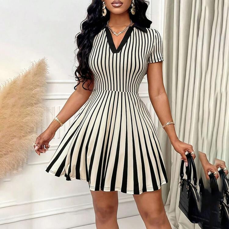 Women's Polo Dress Elegant Striped V Neck Short Sleeve A Line Dresses | SHEIN