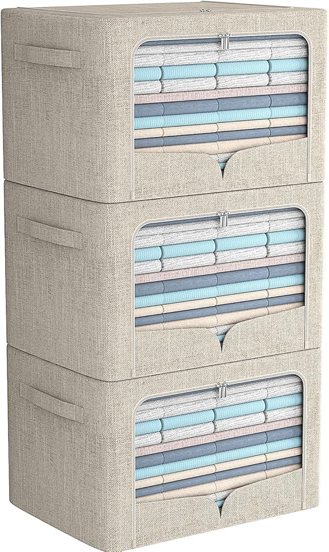 FHSQX 3 Pack Clothes Storage Bins - Foldable Metal Frame Storage Box - Stackable Linen Fabric Con... | Amazon (US)