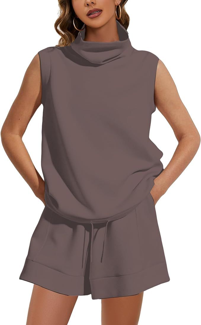 Meladyan Women 2 Piece Tracksuit Turtleneck Sleeveless Vest Tank High Waist Drawstring Shorts wit... | Amazon (US)