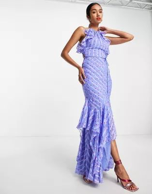 ASOS DESIGN satin stripe halter maxi dress with drape ruffle and tie detail in spot | ASOS (Global)