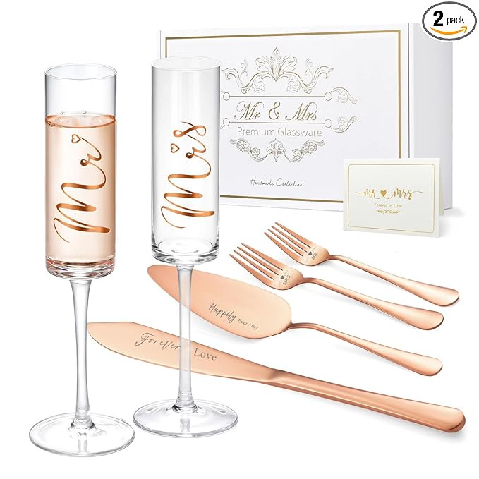 ROXBURGH Wedding Cake Knife and Server Set, Bride and Groom Mr and Mrs Champagne Flutes & Forks w... | Amazon (US)