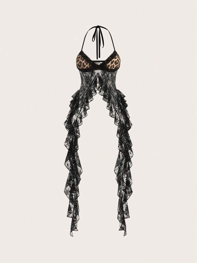 SHEIN ICON Fashionable Sexy Lace Patchwork Leopard Print Halter Neck Top | SHEIN