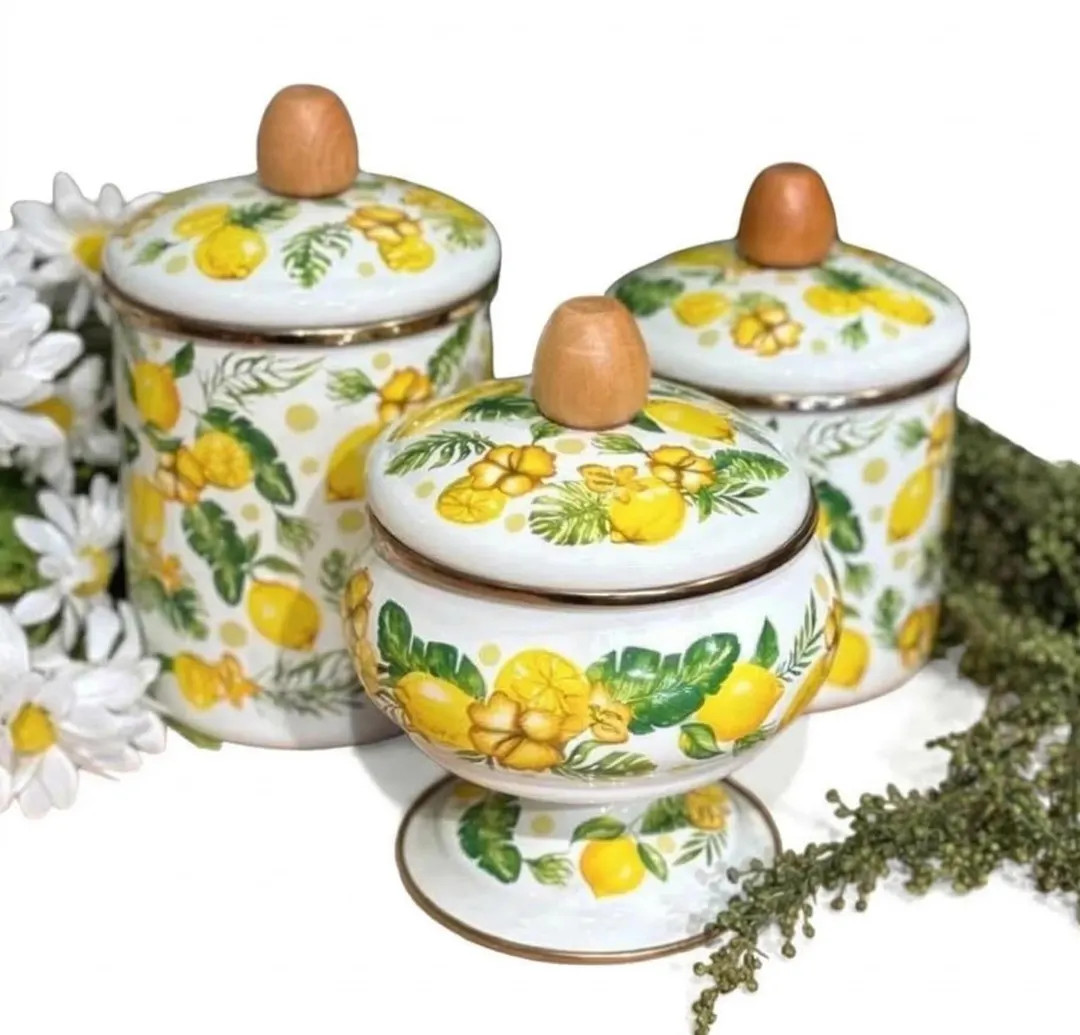 Lemon Enamel Canister Set, 3 Piece Farmhouse Kitchen Storage Jars | Etsy (US)