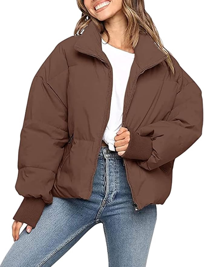 InterNos Women's Winter Stand Collar Zip Puffer Jacket Baggy Short Padded Down Coats | Amazon (US)
