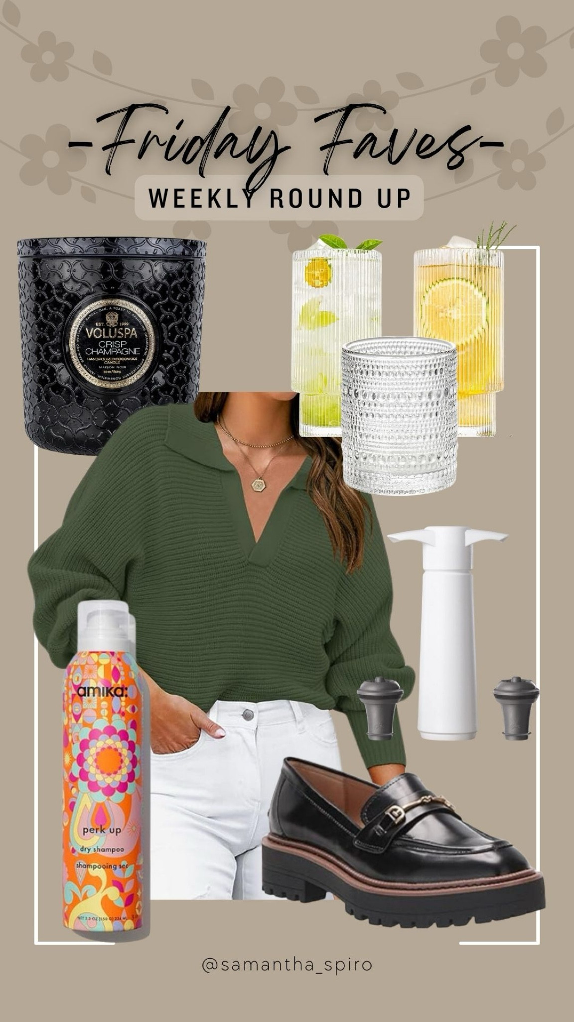 Friday Faves 🌸 
DRY SHAMPOO that actually works and doesn’t leave hair gritty // 
The cutest LOAFERS you ever did see (and 40% off) //
WINE SAVER for the “mommy needs a break” nights //
A new transition to Spring SWEATER (I’m in a medium in Olive Green (15% off clickable coupon) //
Fancy but inexpensive GLASSWARE to switch things up in the kitchen //
My absolute favorite smelling CANDLE 

#fridayfavorites #fridayfaves #weeklyfinds #favoriteproducts #weeklywinners #householdheroes
