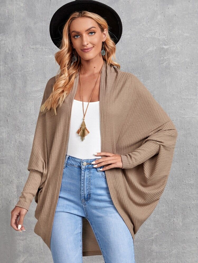 EMERY ROSE Batwing Sleeve Rib-knit Open Front Coat | SHEIN USA | SHEIN