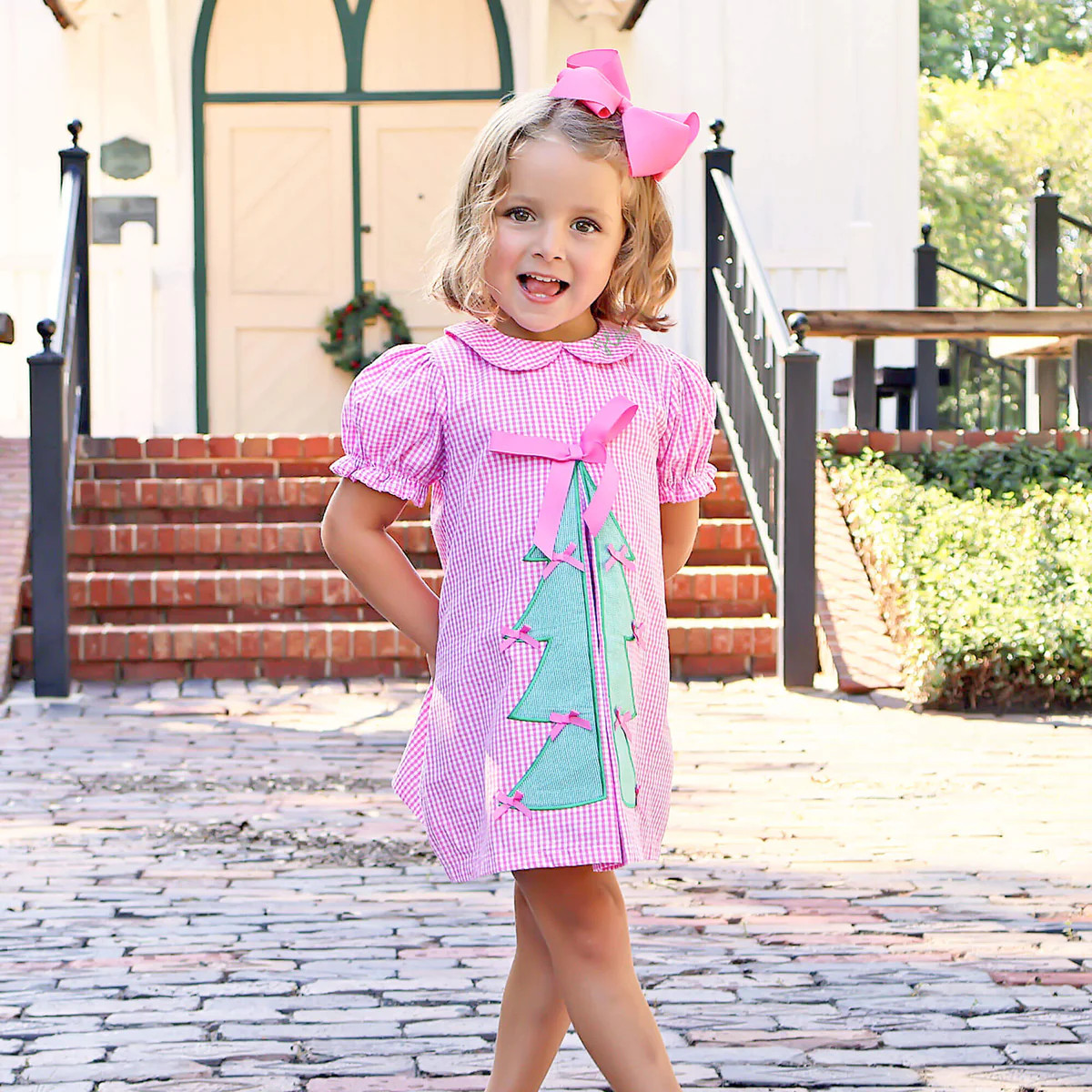 Christmas Tree Bows Applique Pink Gingham Front Pleat Dress | Classic Whimsy