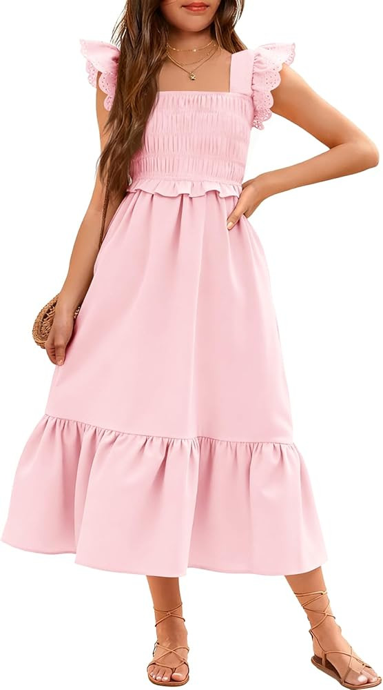 Haloumoning Girls Summer Dress Kids Ruffle Sleeve Square Neck Smocked Dresses Tiered Midi Sundres... | Amazon (US)