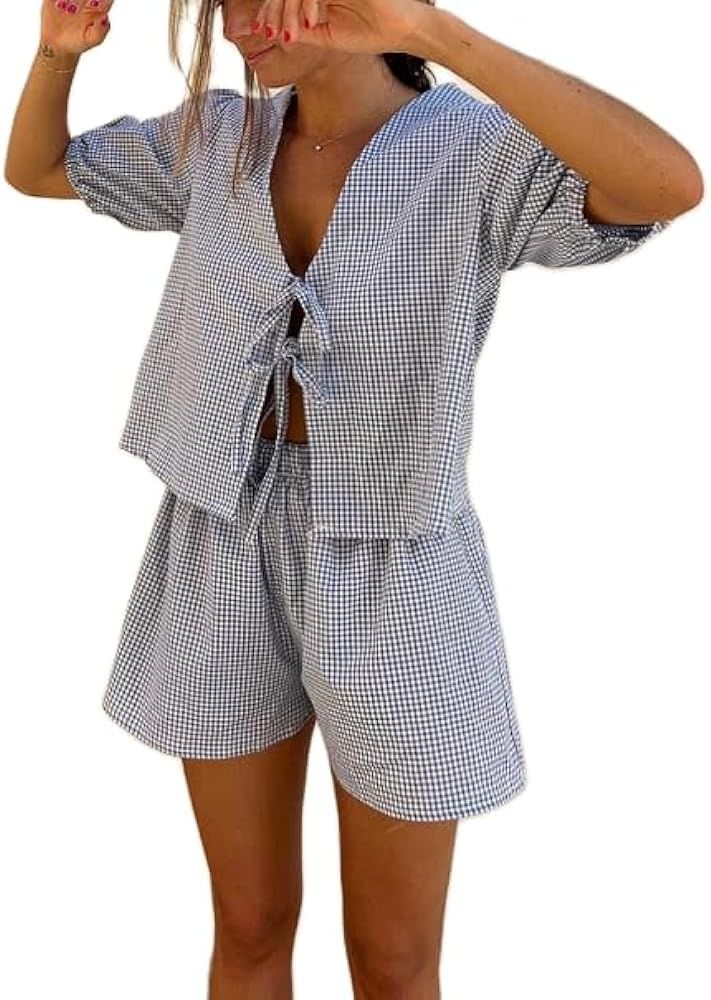 Yuemengxuan Women Y2k Peplum Shirt Shorts Set Two Piece Lounge Set Pajamas Sets Puff Sleeve Tie F... | Amazon (US)