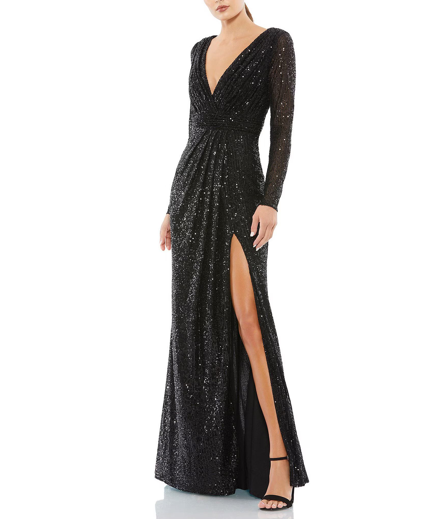 Ieena for Mac Duggal Long Sleeve Deep V-Neck Sequin A-Line Gown | Dillards