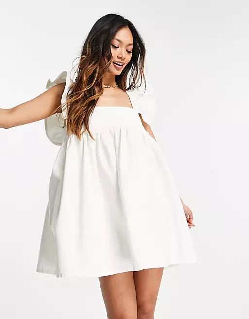 ASOS DESIGN denim pinafore with frill sleeves in white | ASOS (Global)
