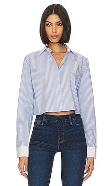 Good American Yarndye Poplin Crop Shirt in Good Stripe004 from Revolve.com | Revolve Clothing (Global)