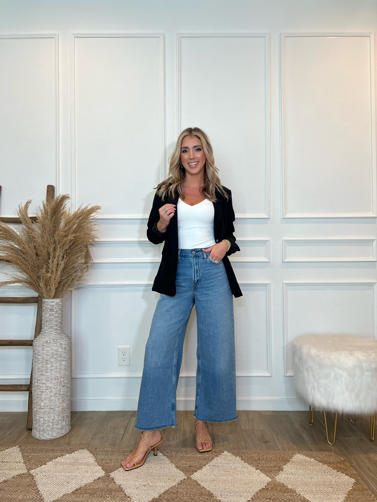How to style wide leg jeans - balance the wider leg and oversized jacket with a fitted tank. Everything runs TTS  

#LTKStyleTip #LTKFindsUnder50 #LTKFindsUnder100