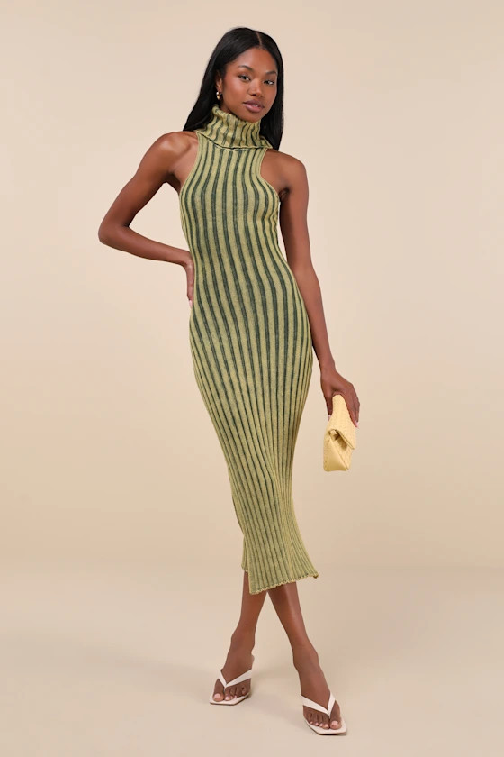 Truly Magnetic Washed Green Ribbed Turtleneck Midi Sweater Dress | Lulus
