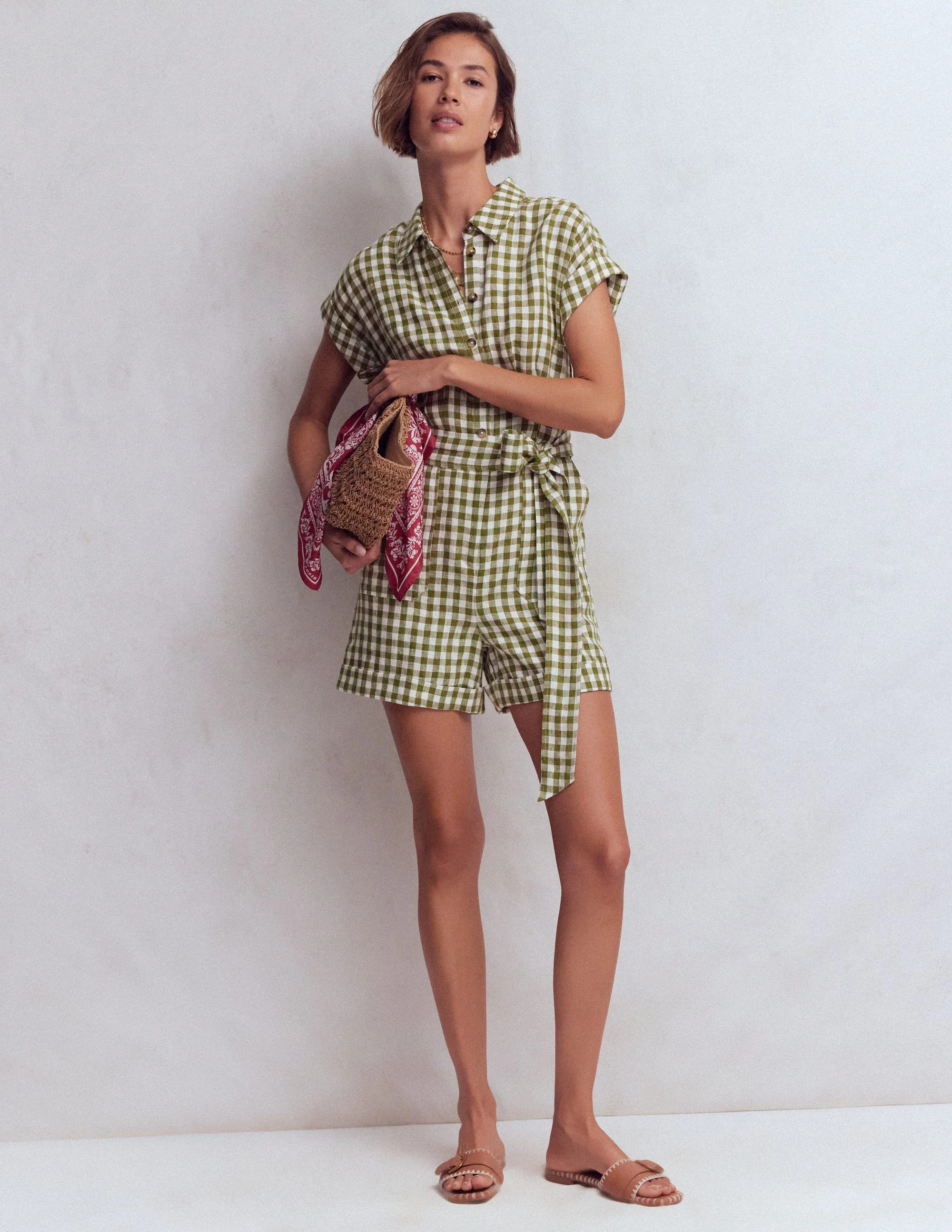 Kay Linen Playsuit-Olive, Ivory Gingham | Boden (US)