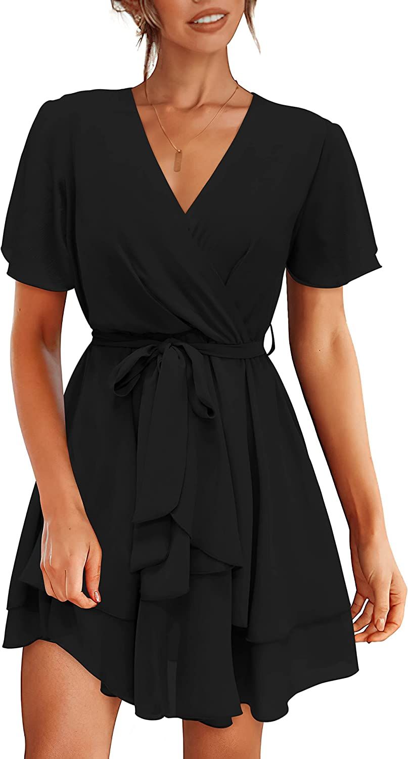 Amkoyam Women's Summer V Neck Short Sleeve Dresses 2023 Elegant Solid Tie Waist Swing Ruffle Faux... | Amazon (US)