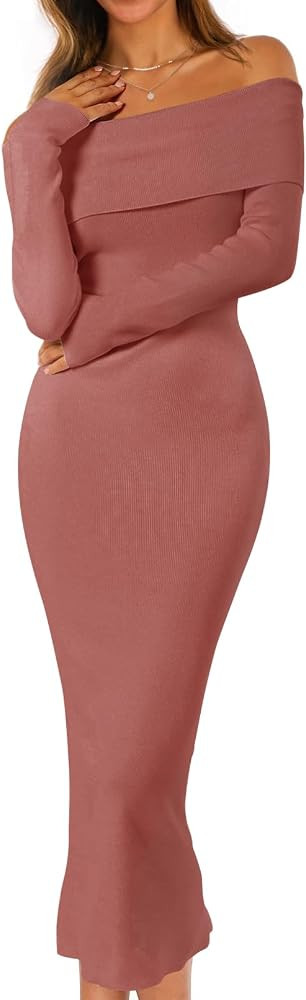 MEROKEETY Women's Fall Off Shoulder Long Sleeve Bodycon Midi Sweater Dress | Amazon (US)