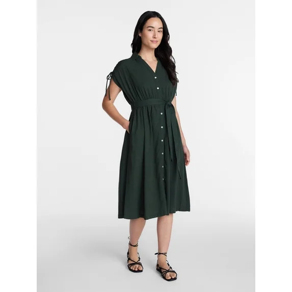 Time and Tru Women's Short Sleeve Midi Linen Shirt Dress, Sizes XS-XXXL | Walmart (US)