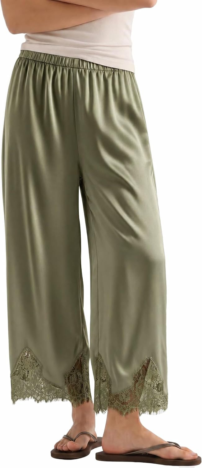 Tankaneo Womens Silk Satin Lace Trim Pants Wide Leg Elastic Pajama Pants | Amazon (US)