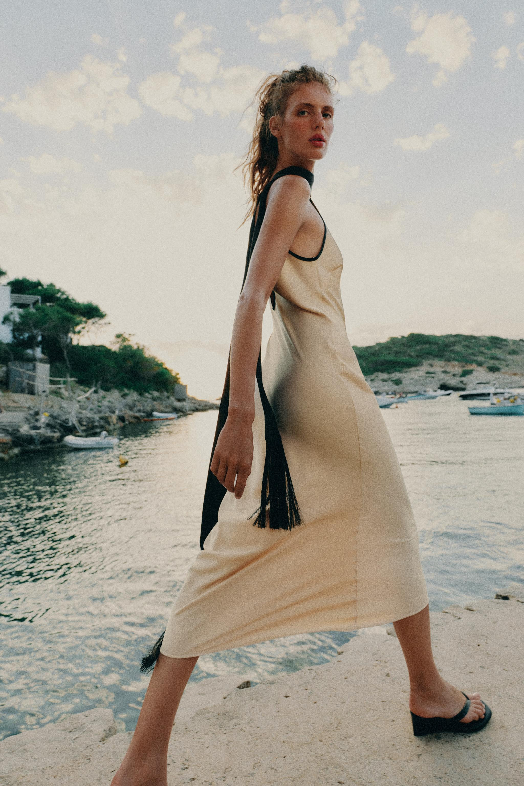 SATIN MIDI DRESS WITH CONTRAST PIPING | Zara US