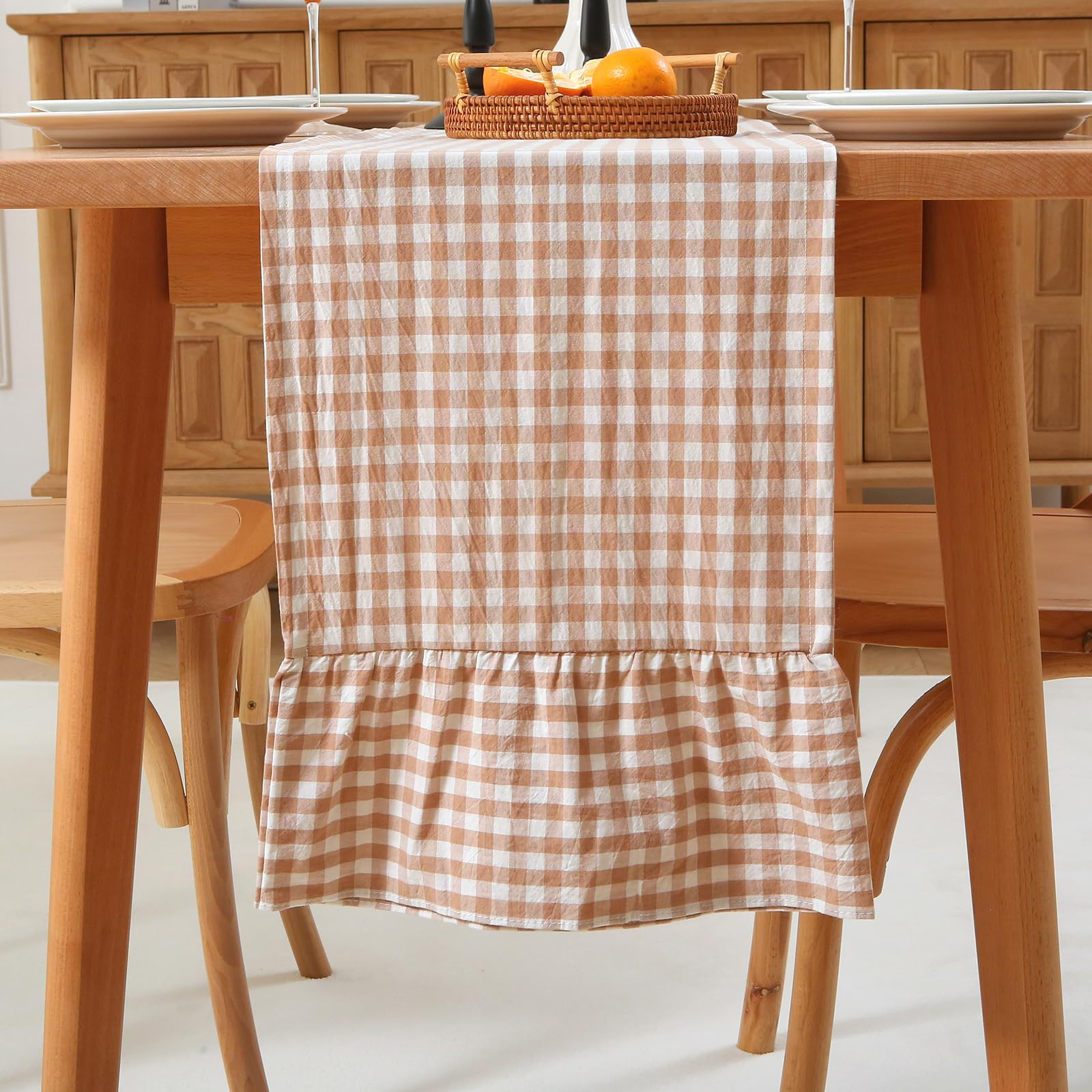 Taupe White Plaid Gingham Ruffle Table Runner 90 inches Long 100% Washed Cotton Decorative Farmho... | Amazon (US)