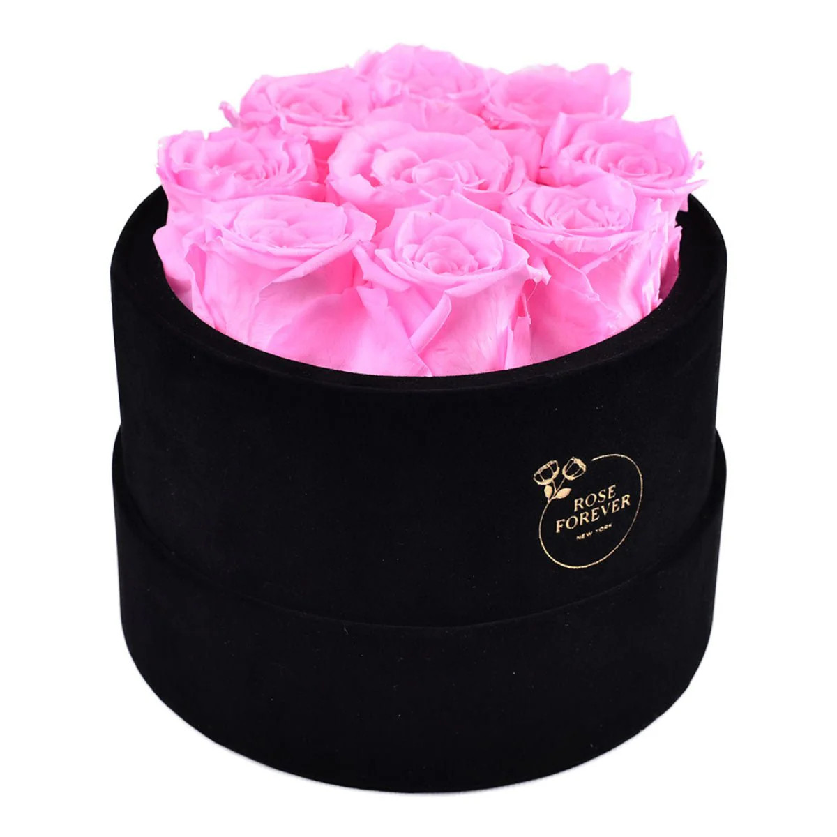 9 Fuchsia Roses - Black Round Velvet Box | Rose Forever 