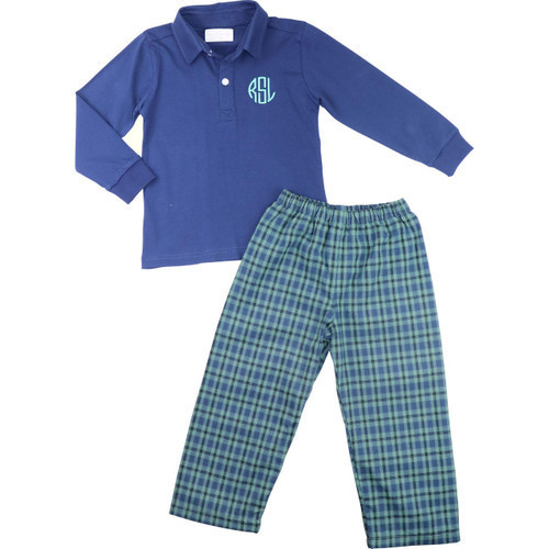Navy And Green Plaid Polo Pant Set | Cecil and Lou