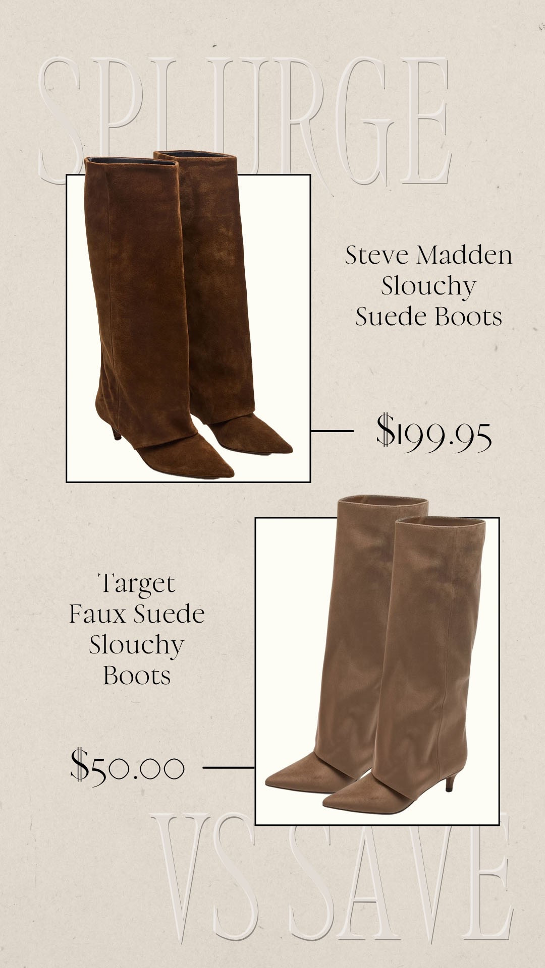 Save or splurge. Look for less boots. Steve Madden suede boots. Target fashion. Target fall boots.

#LTKSeasonal #LTKootd #LTKgrwm