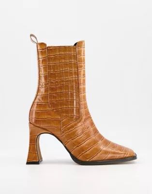 ASOS DESIGN Radius premium leather high heeled boots in tan croc | ASOS (Global)