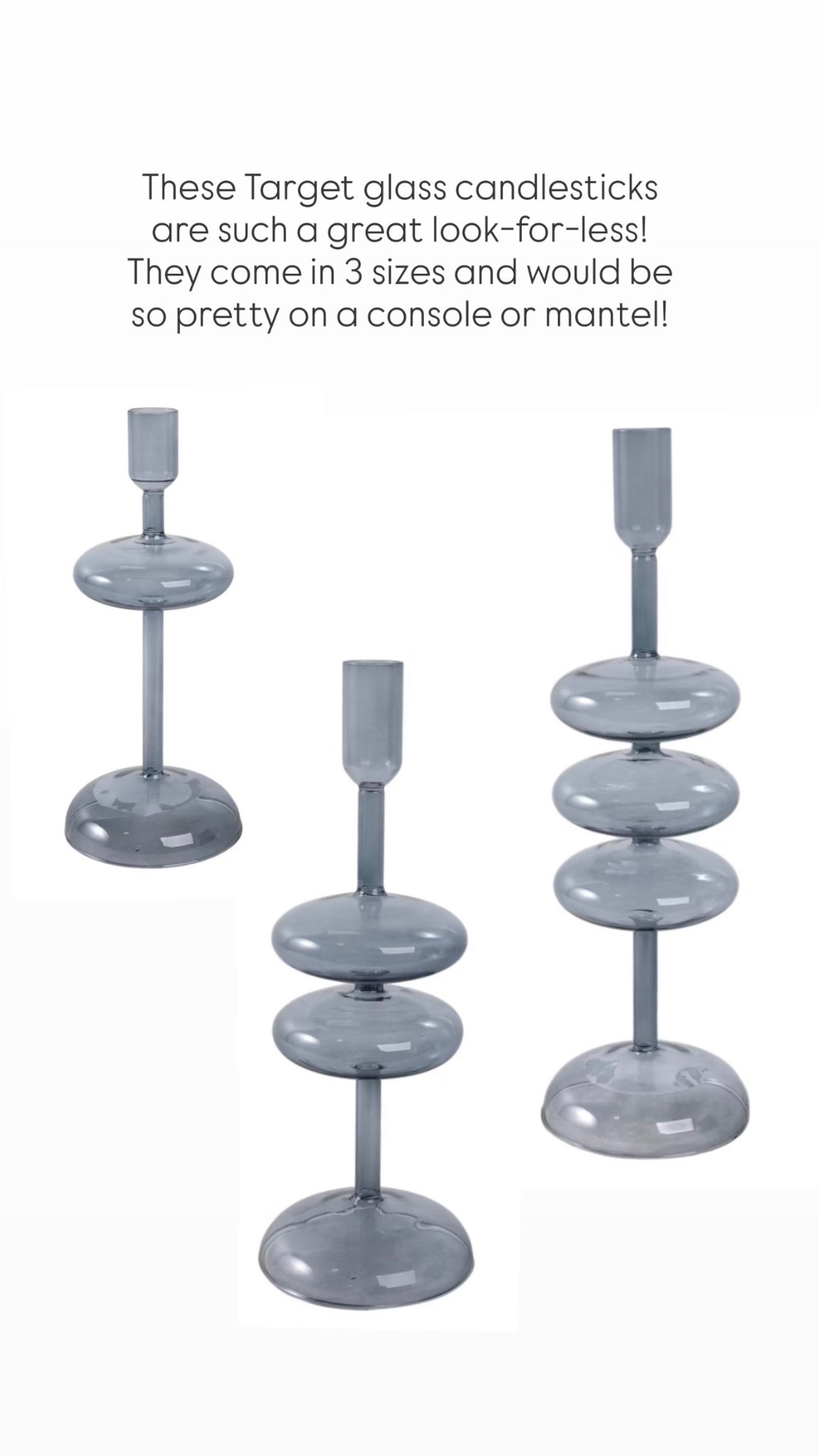 These Target glass candlesticks are such a great look-for-less! They come in 3 sizes and would be so pretty on a console or mantel!

#LTKSeasonal #LTKHome #LTKSaleAlert