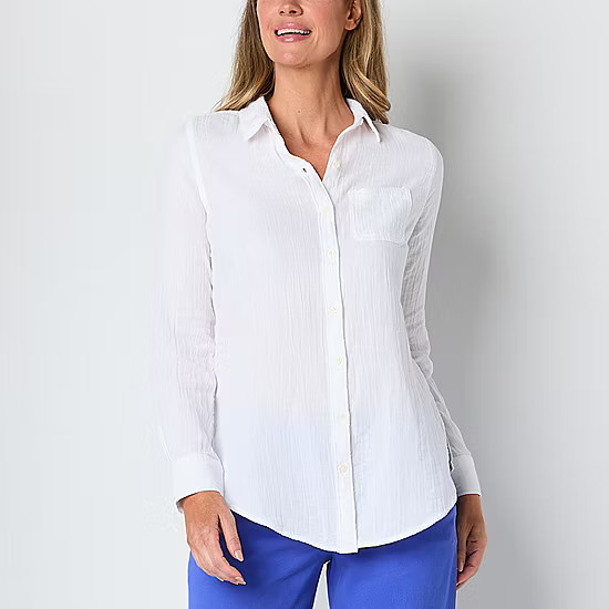 St. John's Bay Womens Long Sleeve Regular Fit Button-Down Shirt - JCPenney | JCPenney