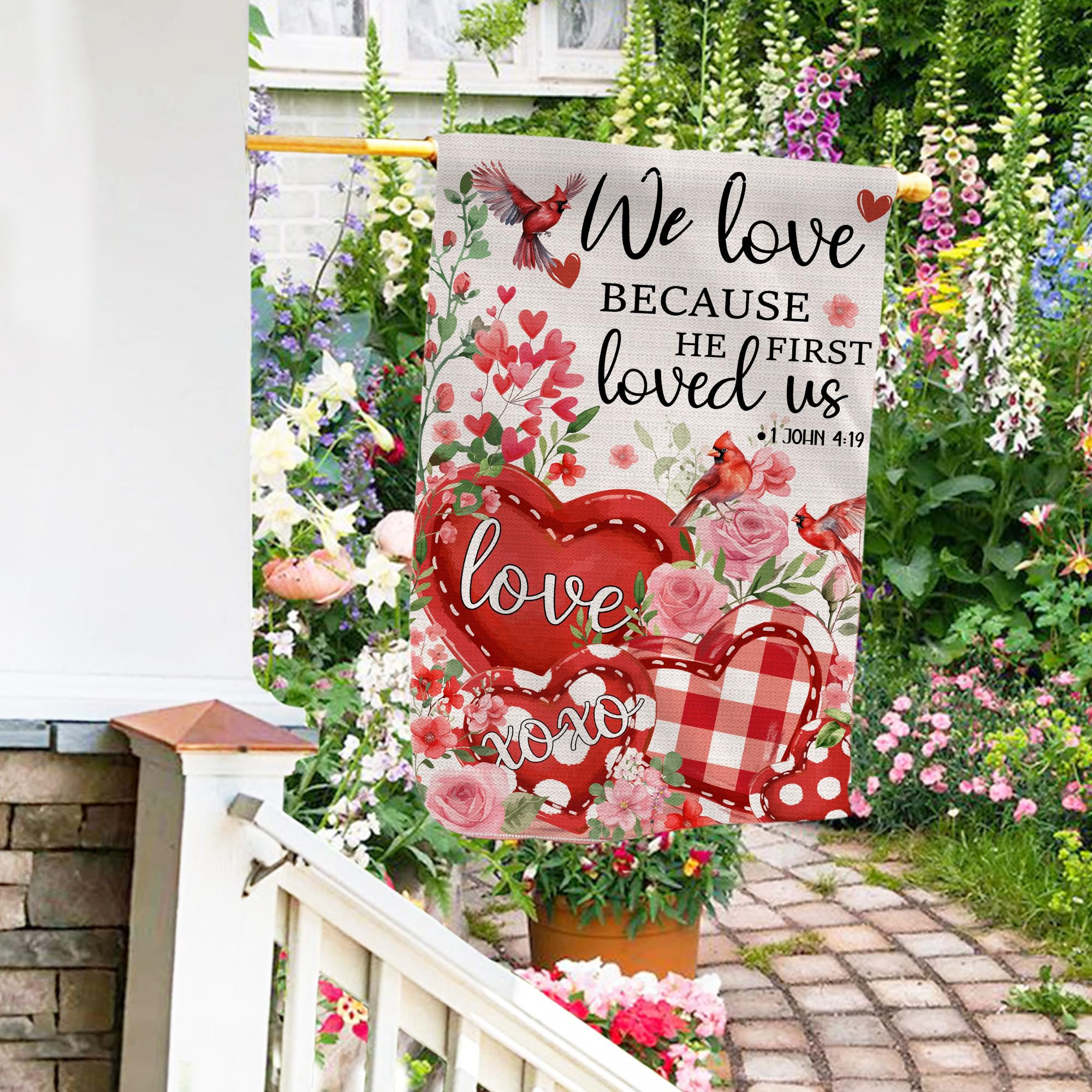 Valentines Day Flag, Valentine's Day Outdoor Decor We Love Because He First Loved us Yard Flag 28... | Amazon (US)