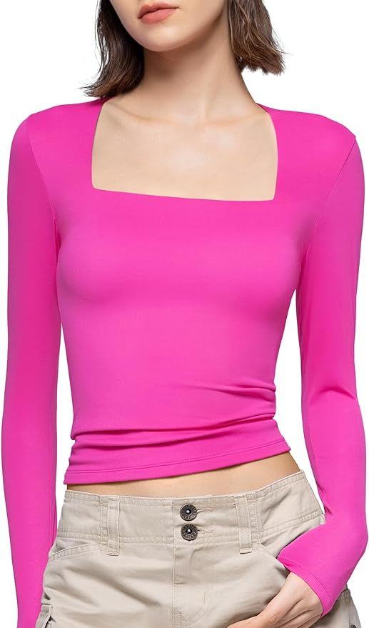 PUMIEY Women's Square Neck Long Sleeve T Shirts Slim Fit Tops Basic Tee Smoke Cloud Pro Collectio... | Amazon (US)
