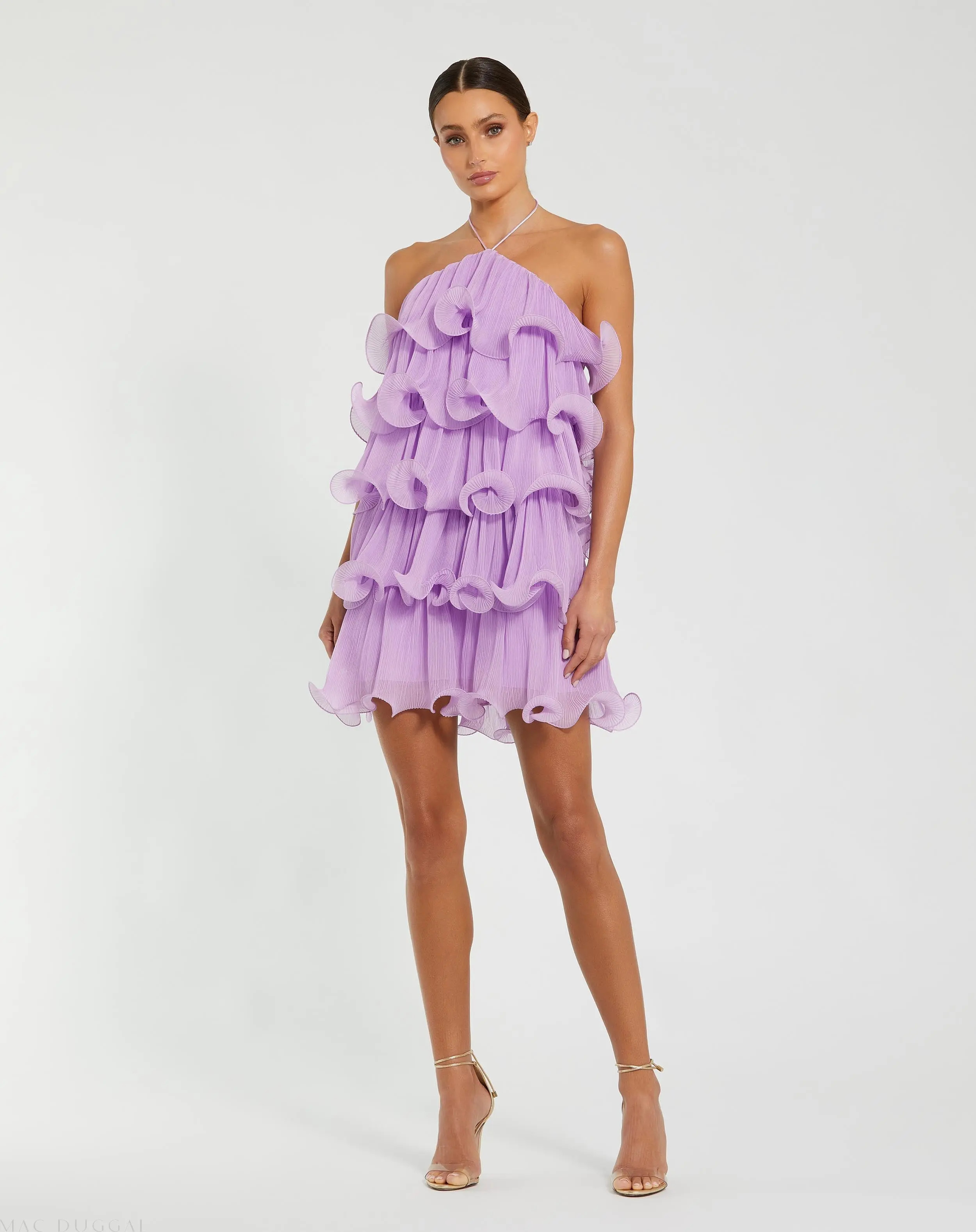 Ieena for Mac Duggal - Purple Crinkle Chiffon Tiered Ruffle Mini Dress - Lilac / US 10 | Mac Duggal