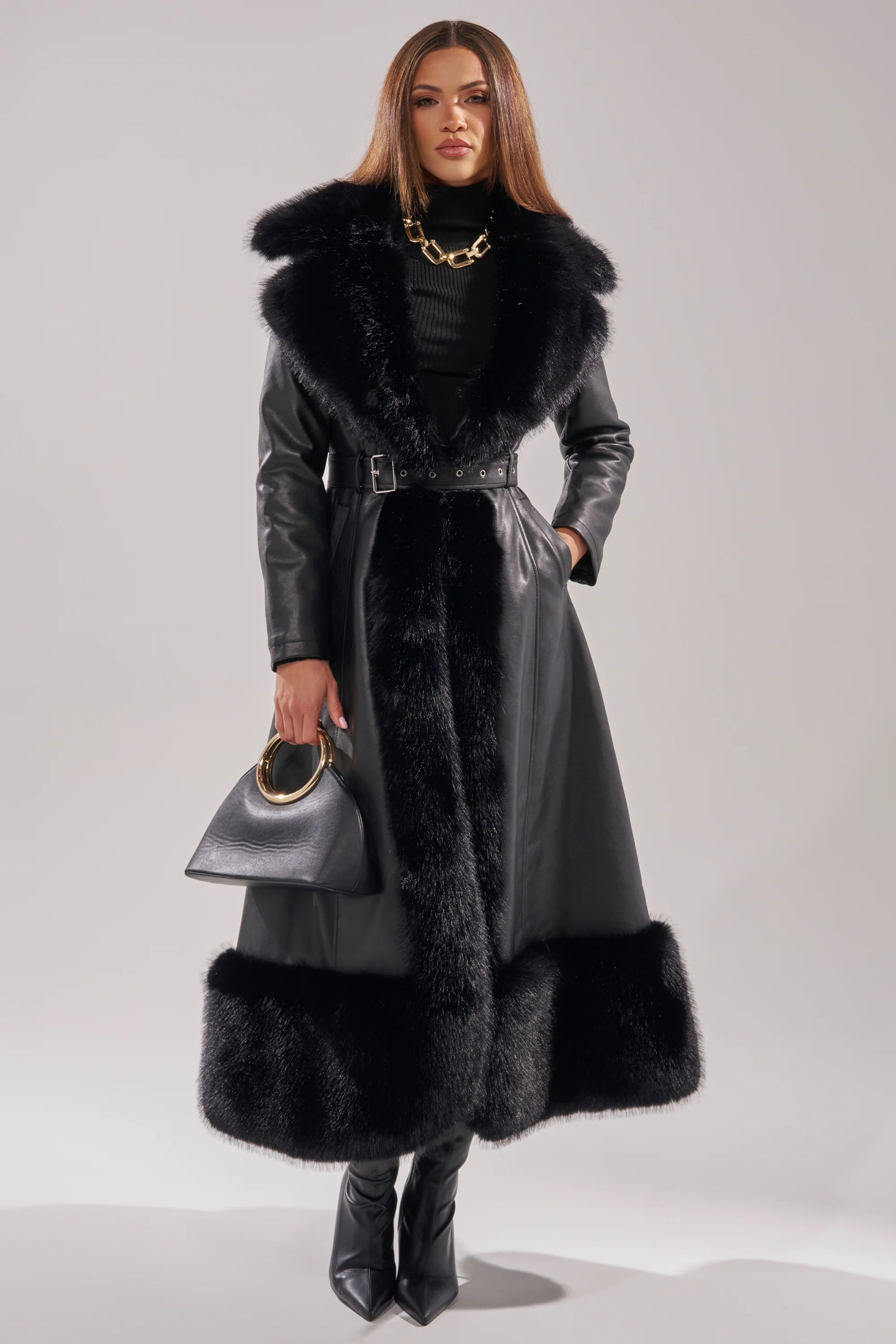 VIVAN LONG PU TRENCH WITH FAUX FUR TRIM | AKIRA