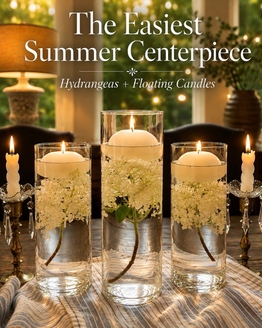 One of the easiest ways to create a beautiful summer table. 

All you need is a few glass cylinder vases, floating candles, water, and your favorite flowers. I used fresh hydrangeas from our backyard, but this works beautifully with roses, daisies, baby’s breath, greenery, or whatever is blooming nearby.

It’s simple, affordable, and looks so elegant for dinner parties, bridal showers, brunches, or everyday summer evenings.

I’ve linked the glass vases and floating candles here so you can easily recreate the look.