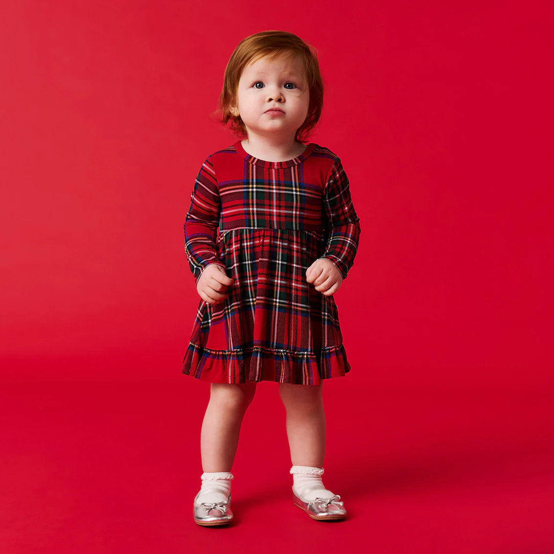 Holiday Red Long Sleeve Red Tartan Plaid Ruffled Bodysuit Dress | Posh Peanut® | Posh Peanut