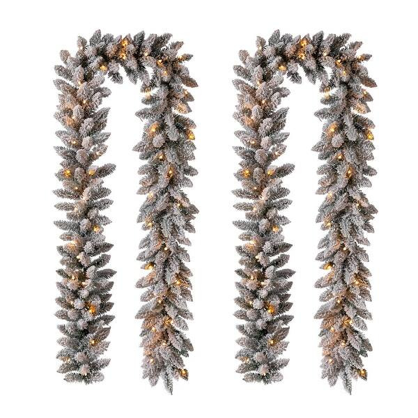 Glitzhome 9'L Pre-Lit Christmas Garland with Warm White LED Light - 2PCS Snow Flocked | Bed Bath & Beyond