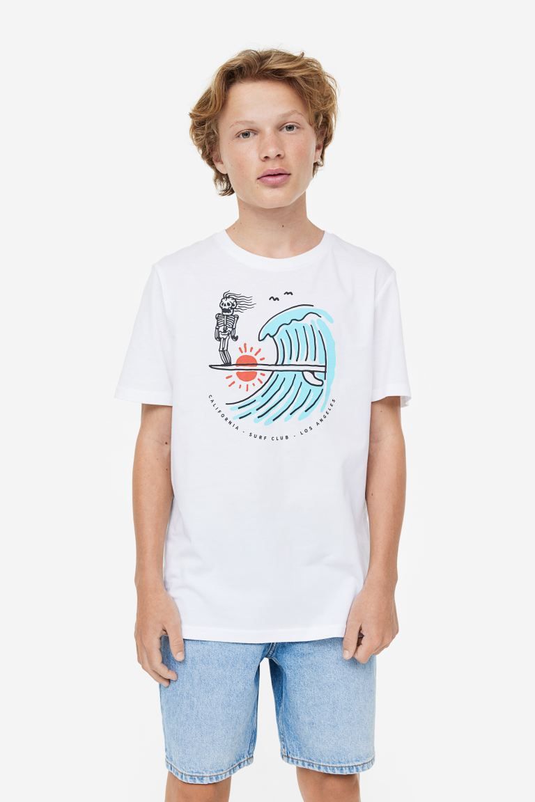 Printed cotton T-shirt - White/surfer skeleton - Kids | H&M US | H&M (US + CA)