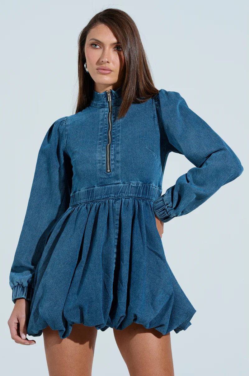 PASS THE BUBBLY DENIM MINI DRESS | AKIRA
