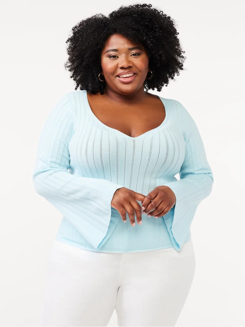 Sofia Jeans by Sofia Vergara Women's Plus Size Sheer Sweetheart Neck Sweater with Notched Stripes | Walmart (US)