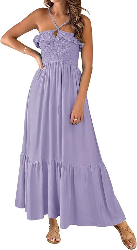 MEROKEETY Womens Summer Off Shoulder Ruffle Strapless Flowy Maxi Dress A Line Beach Party with Po... | Amazon (US)