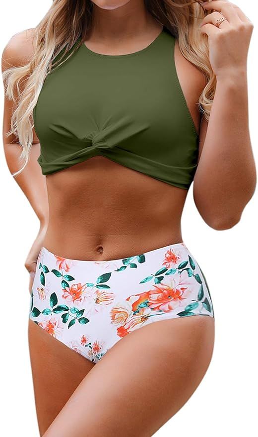 Blooming Jelly Women's High Waisted Bikini Twist Two Piece Swimsuit High Neck Knotted Leaf Print ... | Amazon (US)