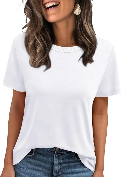 Jescakoo Womens Tops Summer Short Sleeve Ribbed Trim Crewneck T Shirts Fashion Basic Tee | Amazon (US)