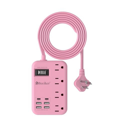 6 USB(2 USB C) Pink Extension Cord- 5Ft Pink Travel Power Strip with 24W USB Charging Station and 4 Outlets, Pink Desk Accessories with Surge Protector for Cute Kawaii Pink Gifts College Dorm Desk | Amazon (US)