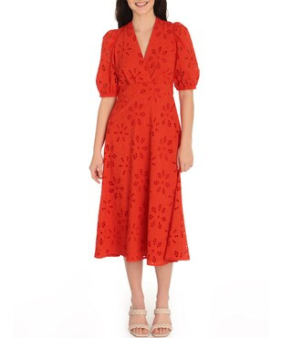 Eyelet Short Puff Sleeve Midi Dress | Dillards