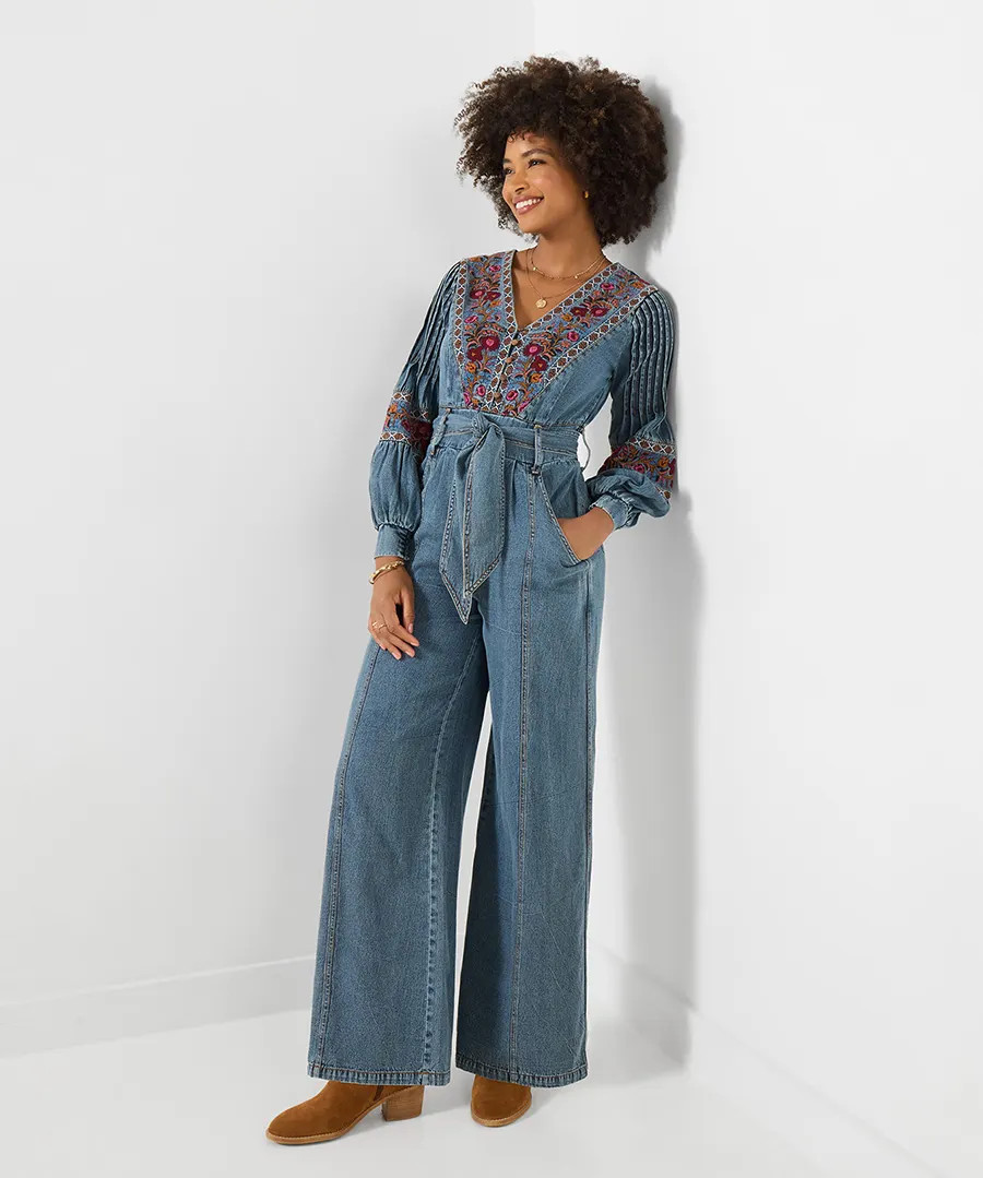 Boutique Embroidered Denim Jumpsuit | Joe Browns